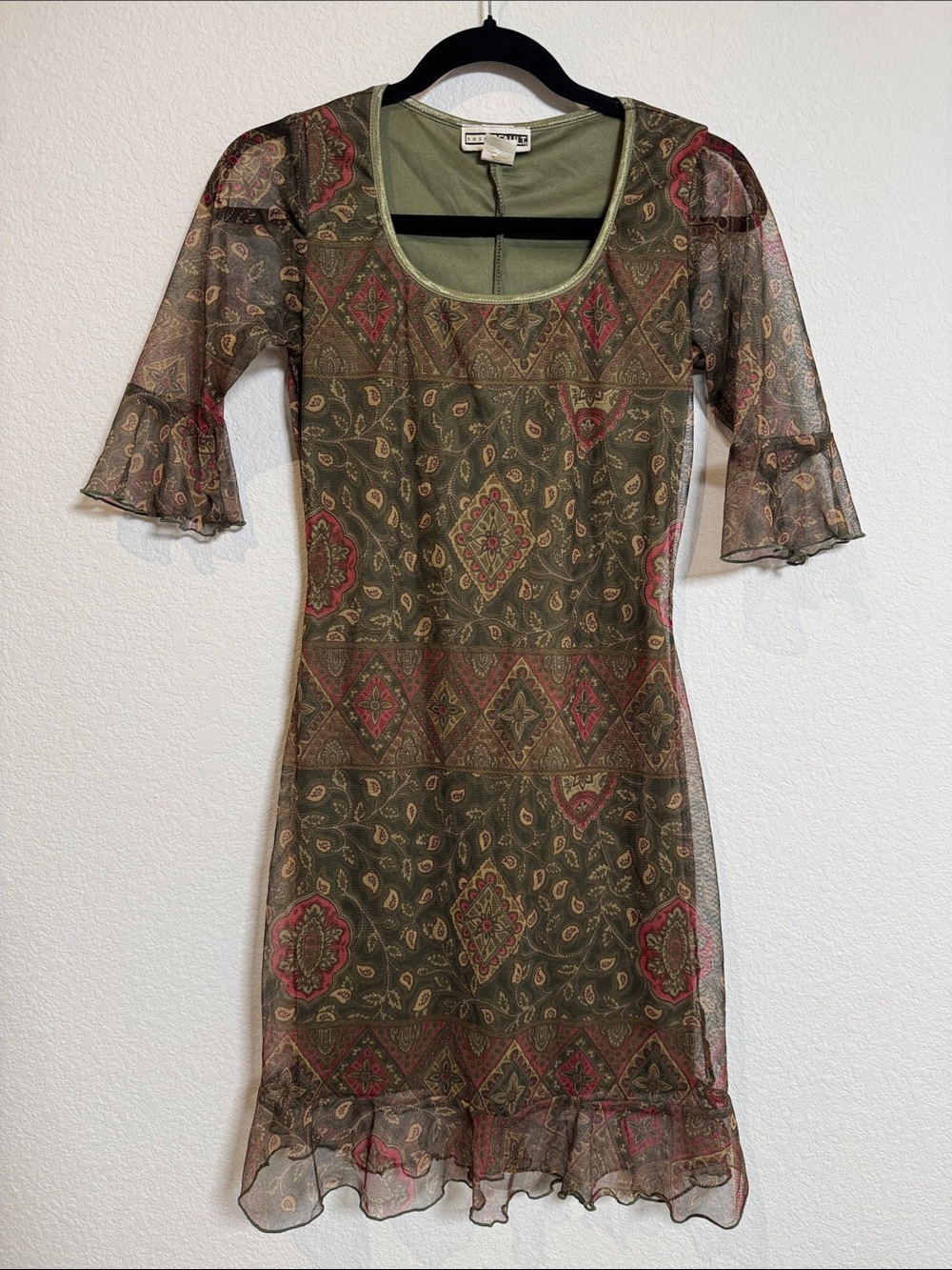 Double Fault Green Mesh Flare Sleeve Vintage 90s Y2k Mini Dress